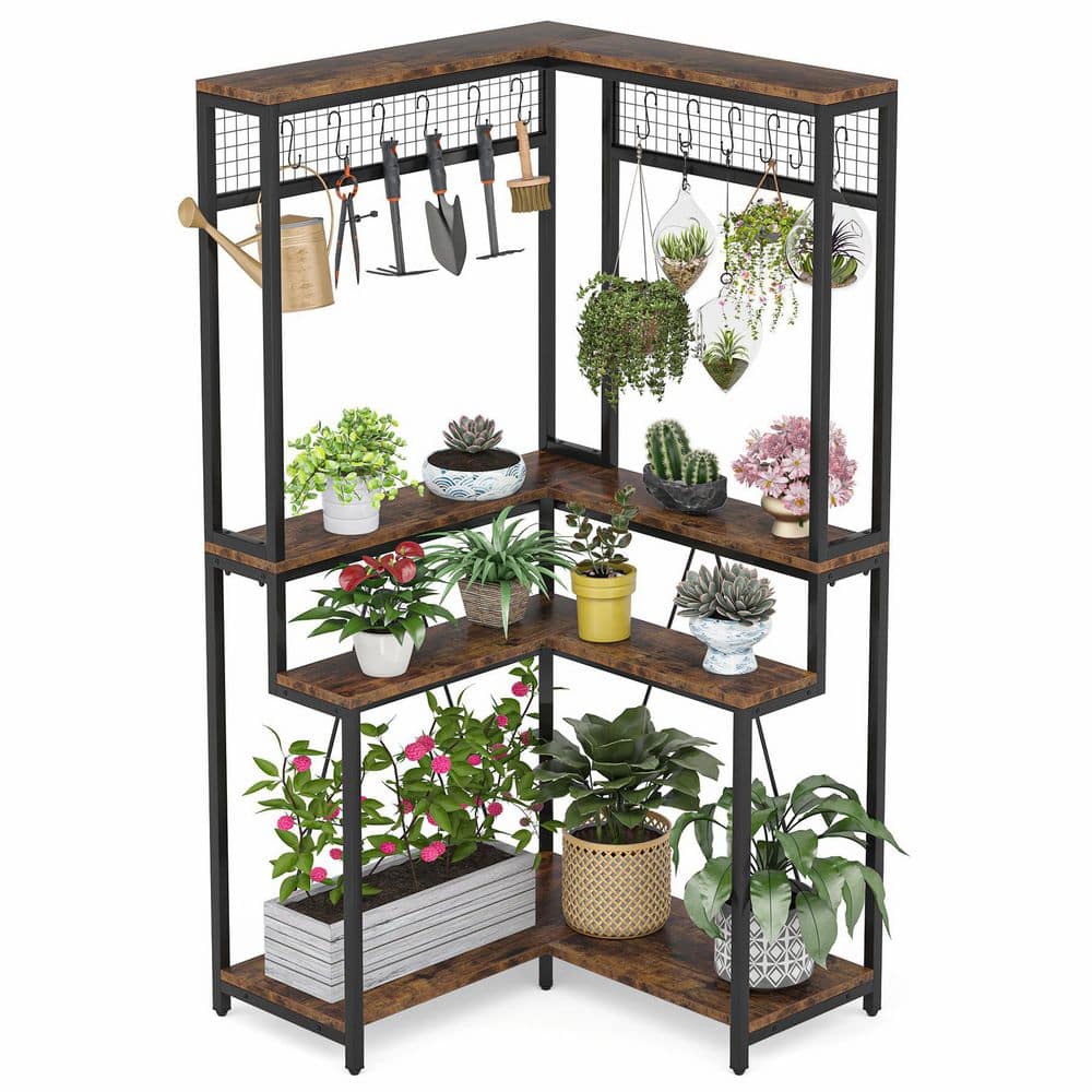 TRIBESIGNS WAY TO ORIGIN Eileen 67 in. Brown 4-Tier Wood Corner Plant Stand 15 S-Shaped Hanging Hooks Potted Organizer Rack Tall Shelving Holder HD-JW0342-WZZ