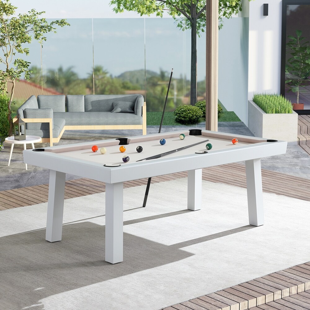 Norwalk Indoor/Outdoor 7ft Slate Pool Table Dining Set with 2 Benches   Accessories  White Finish