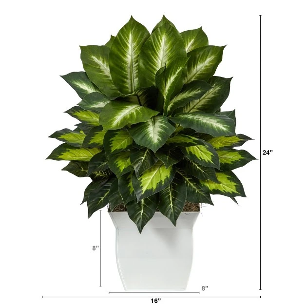 Nearly Natural 2-ft Golden Dieffenbachia Artificial Plant In White Metal Planter