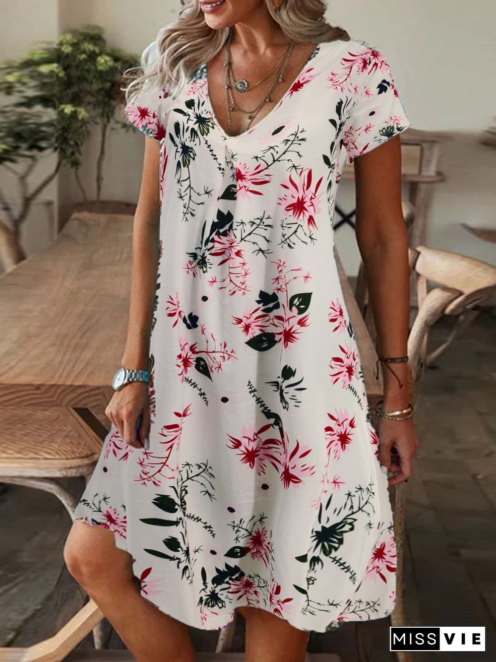 Women's Short Sleeve V Neck Floral Printed Casual Midi Dress