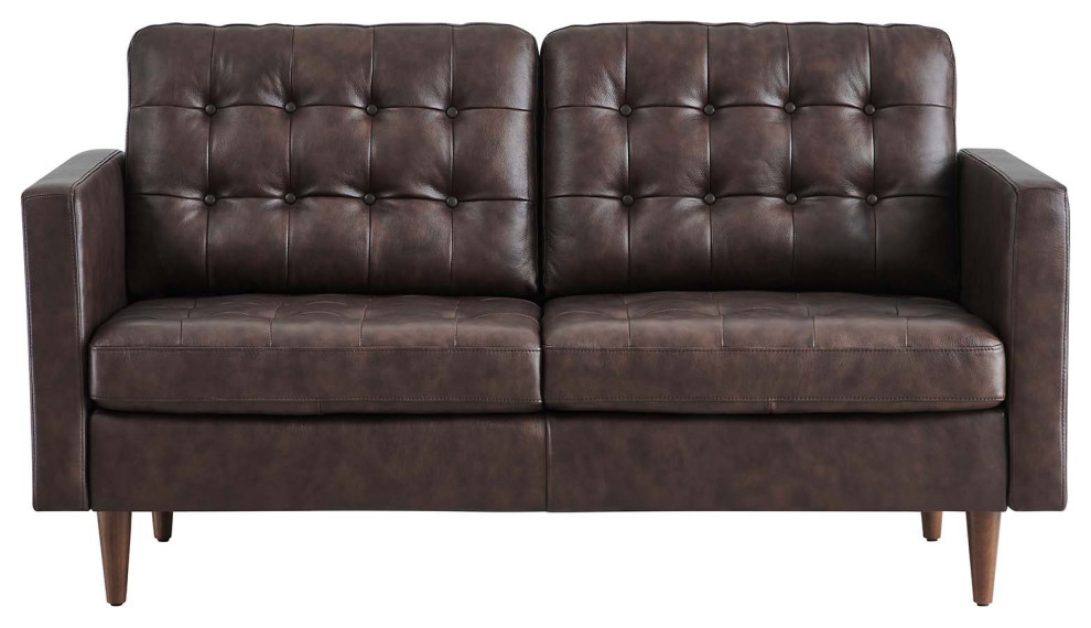 Exalt Tufted Vegan Leather Loveseat  Brown   Midcentury   Loveseats   by VirVentures  Houzz