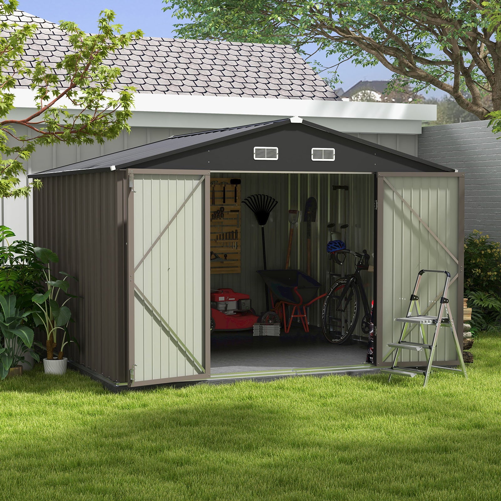 Patiowell Size Upgrade 10 x 10 ft Outdoor Storage Metal Shed with Sloping Roof and Double Lockable Door, Brown