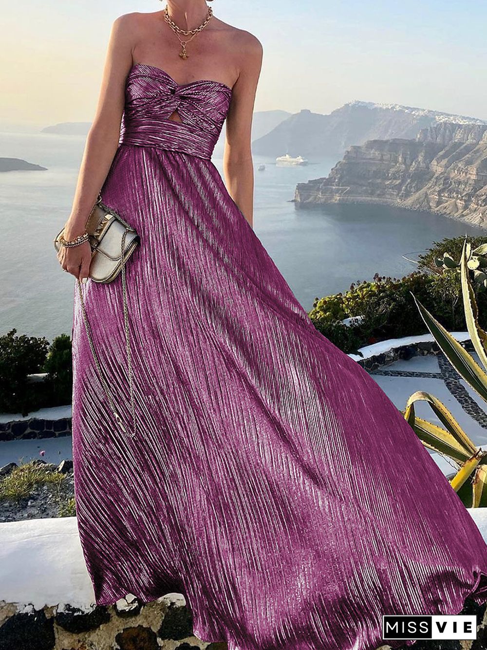 Summer New Elegant Backless Bronzing Party Dress Women High Waist Hollow Out A-Line Maxi Dress Sexy Skinny Twist Strapless Dress