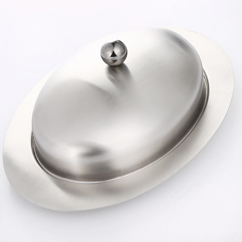 Stainless Steel Butter Dish Plate Oval Serving Tray with Lid Kitchen Cream Holder