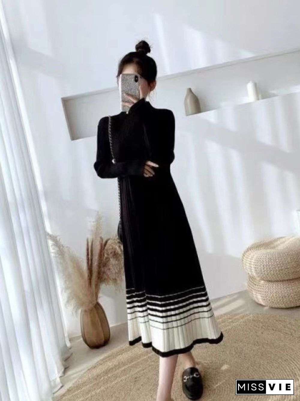 Autumn Winter New Women's Striped Knitting Pullover Dress Women's High Waist Loose Korean Fashion Long Sleeve Knitting Dress Top