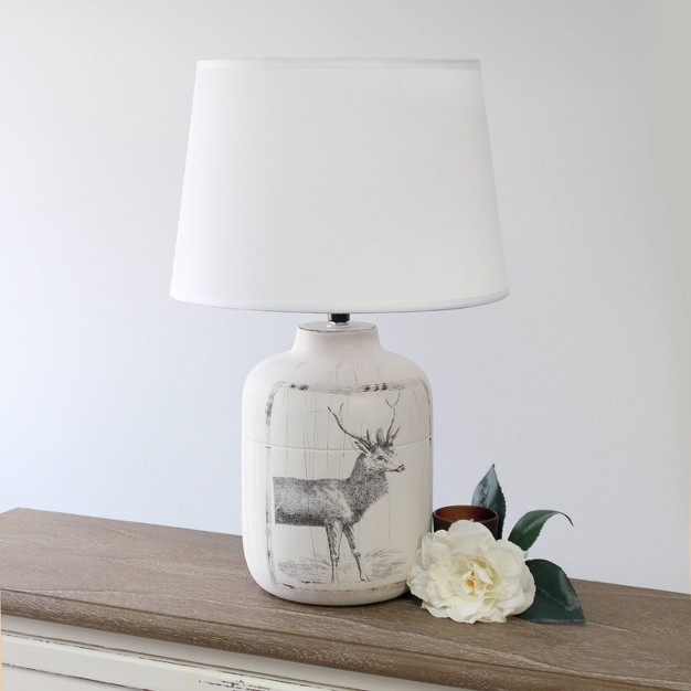 Rustic Deer Buck Nature Printed Ceramic Accent Table Lamp With Fabric Shade White Simple Designs