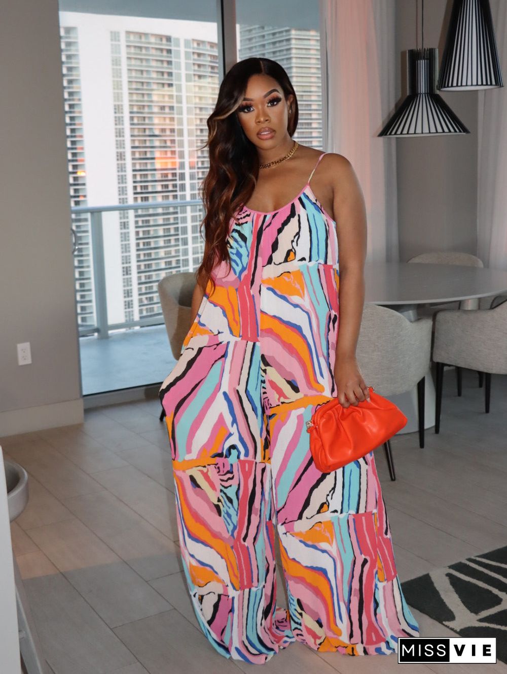 Abstract Print Sleeveless Strap Loose Wide Leg Jumpsuit