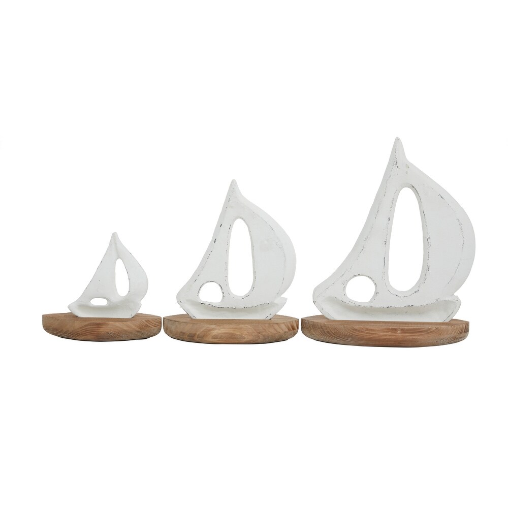 White or Blue Wood Sail Boat Sculpture with Wood Base (Set of 3)   S/3 11\