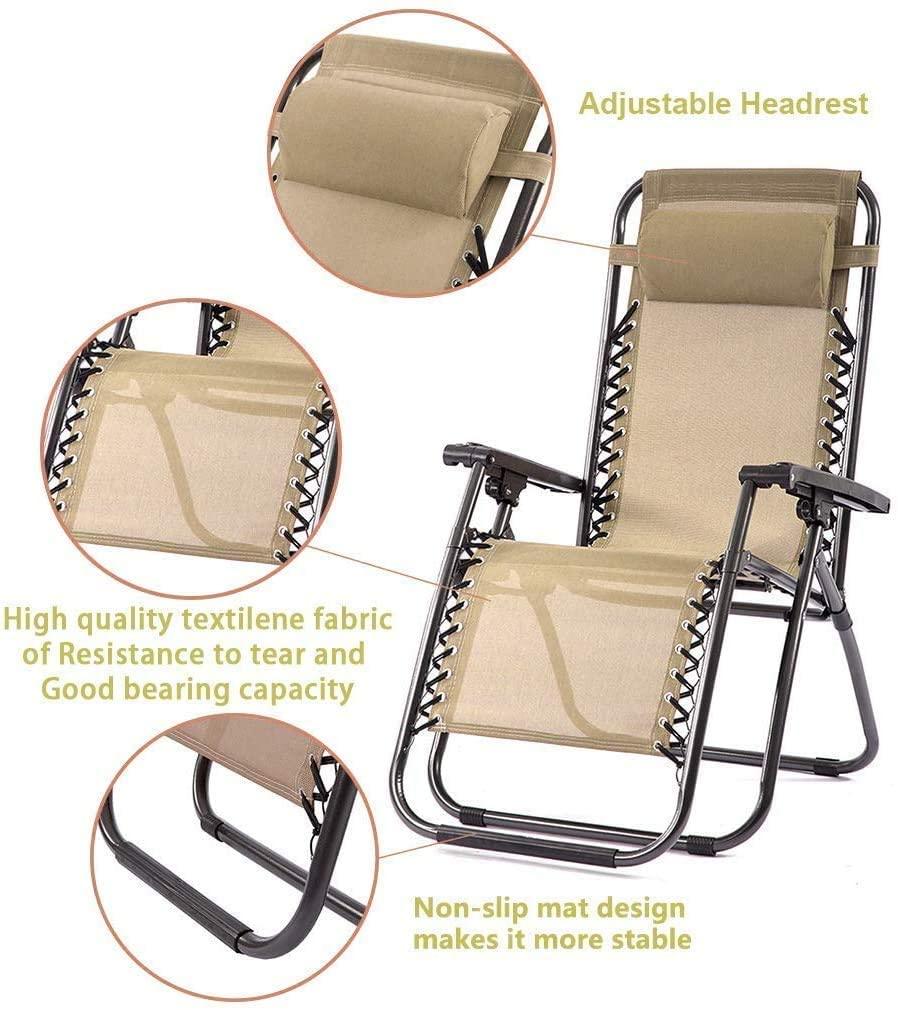 YRLLENSDAN Outdoor Zero Gravity Folding Chair 2 Pack， Portable Lounge Chairs Recliners with Adjustable Pillows and Cup Holder Tray - Tan