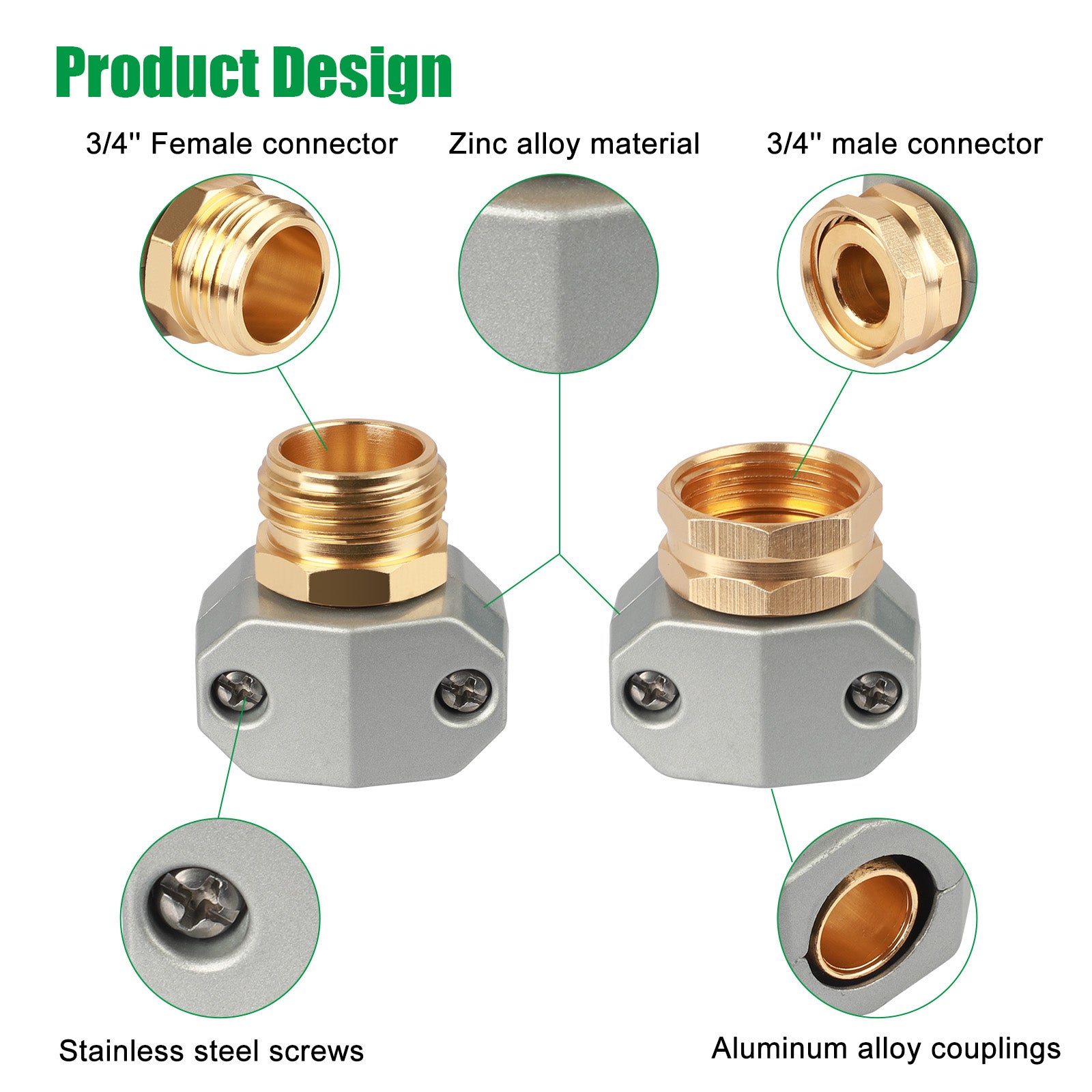 TSV 3 Sets Garden Hose Repair Connector Fittings， Aluminum Mender Male and Female Hose End Connectors with Zinc Clamp， Fit for 3/4