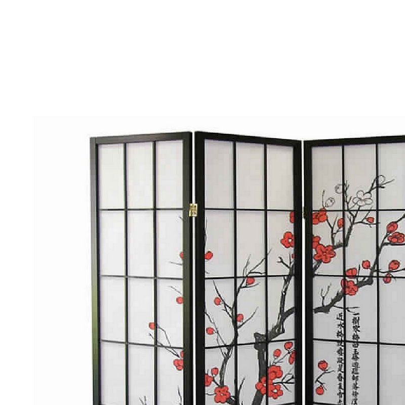 Plum Blossom Print Wood and Paper 4 Panel Room Divider， Red and Black