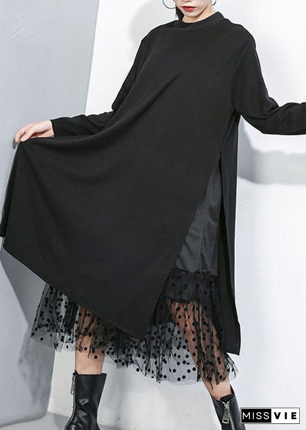 Women Black Asymmetrical Tulle Patchwork Cotton Maxi Dresses Spring