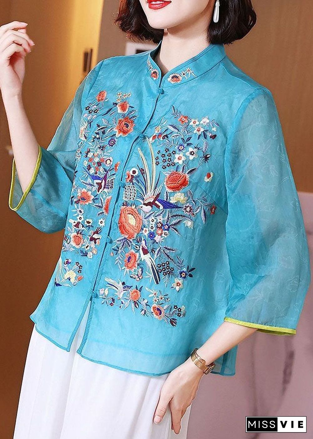 Chinese Style Blue Embroideried Patchwork Chiffon Blouse Tops Summer