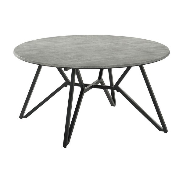 Dexi 36 Inch Coffee Table， Round Top， Geometric Metal Base， Cement Gray