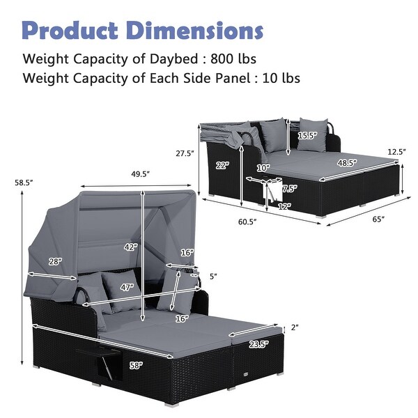 Costway Patio Rattan Daybed Lounge Retractable Top Canopy Side Tables