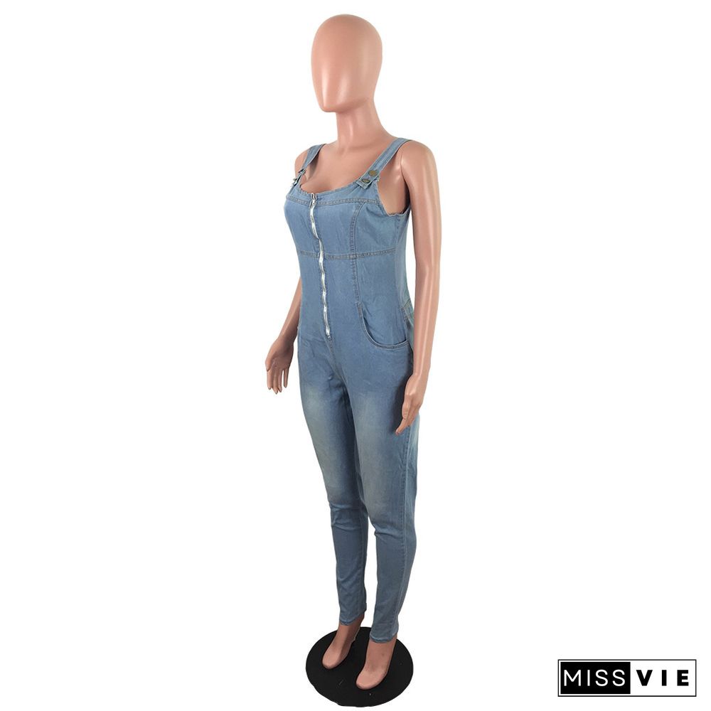 Zipper Front Sleeveless One Piece Denim Jumpsuit