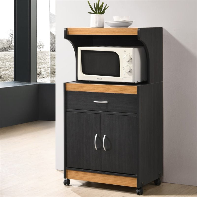 Pemberly Row Wood Microwave Kitchen Cart with Open Storage in Black Beech