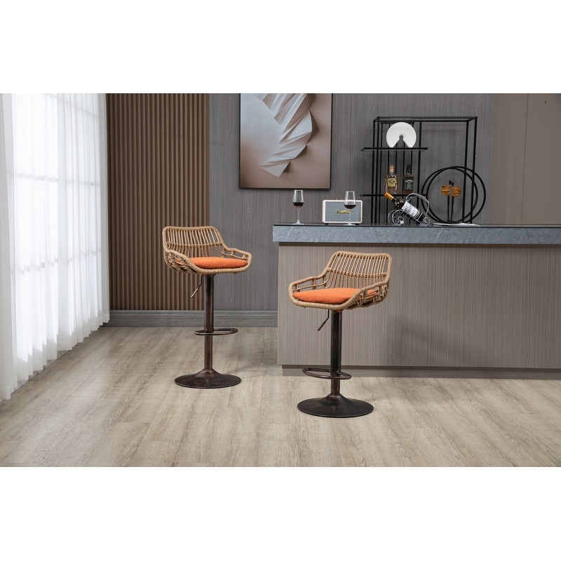 Modern Bar Stool Set of 2  Rattan Barstools Height Adjustable Bar Chairs Swivel Barstools with Footrest for Kitchen  Dining Room