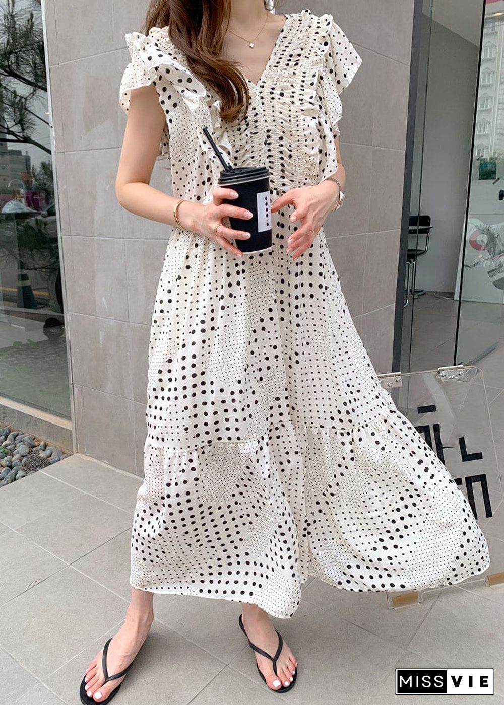 Loose White V Neck Asymmetrical Patchwork Wrinkled Dot Maxi Dress Short Sleeve