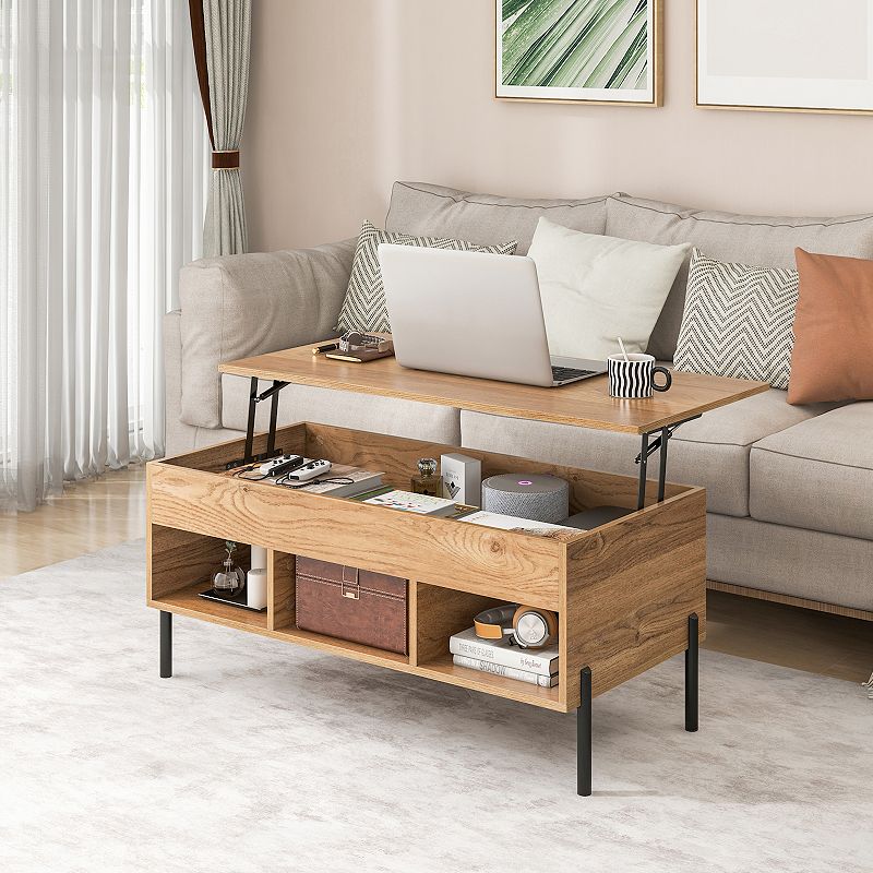 Living Room Central Table With Lifting Tabletop And Metal Legs-Natural