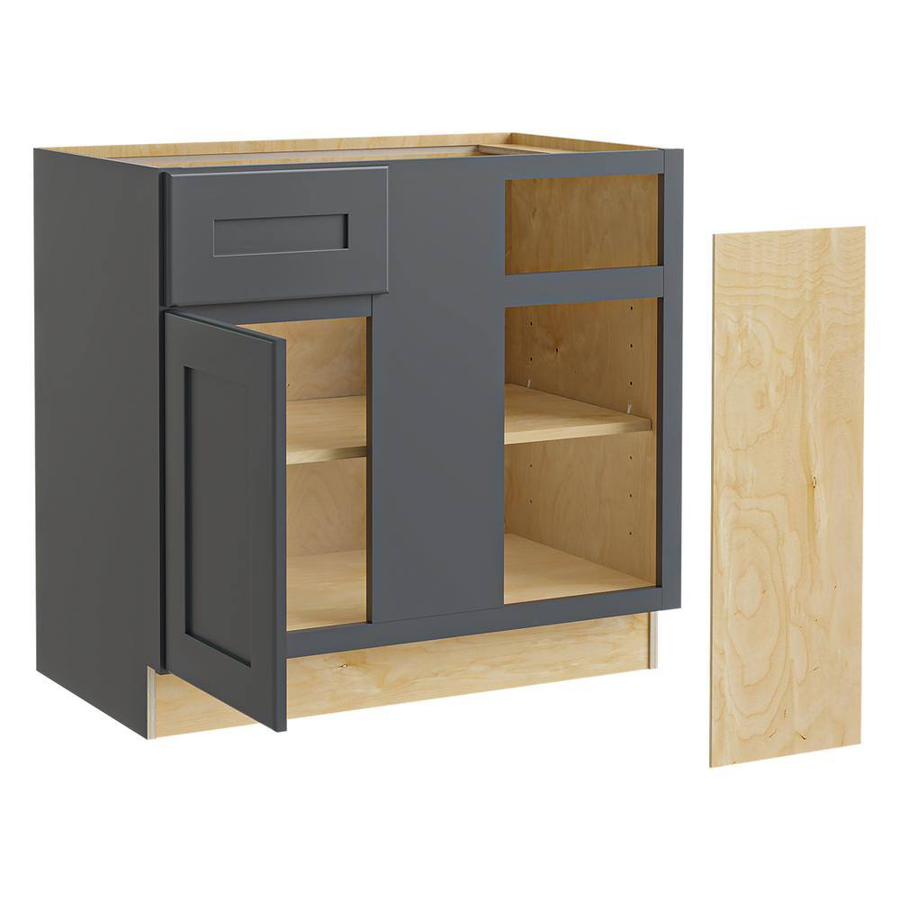 Home Decorators Collection Newport Onyx Gray Shaker Assembled Plywood 36x34.5x24 in. Stock Base Corner Kitchen Cabinet Soft Close Door Drawer Right BBCU42R-NDO