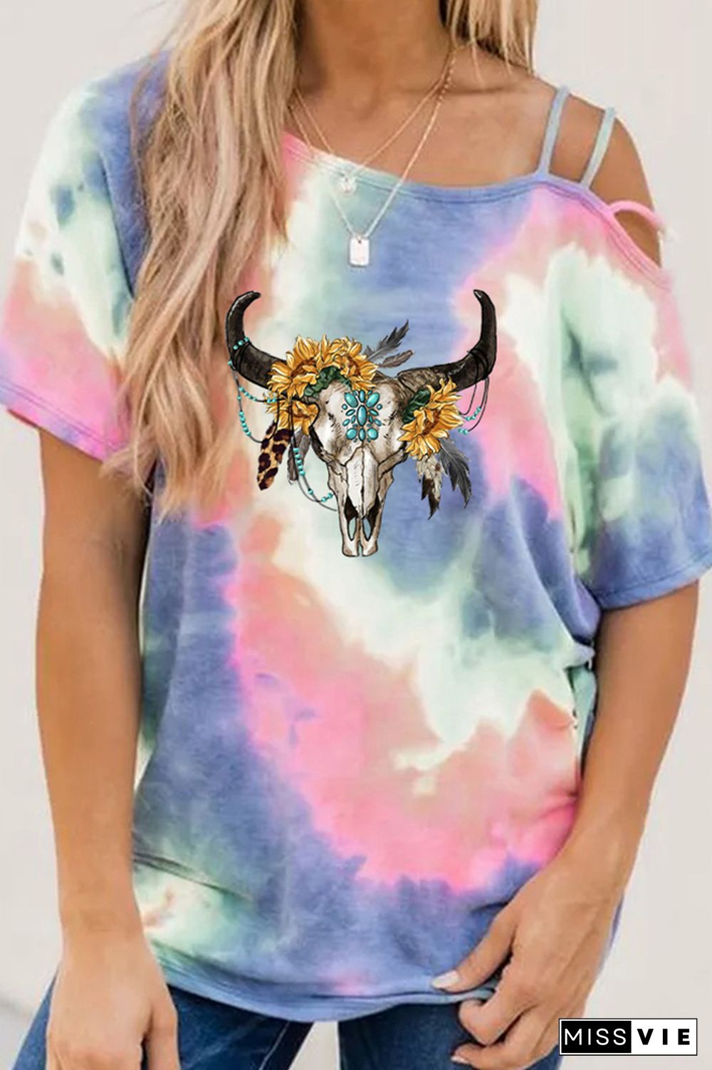 Sunflower Boho Bull Skull Graphic Tees for Women Wholesale Short Sleeve T shirts Top