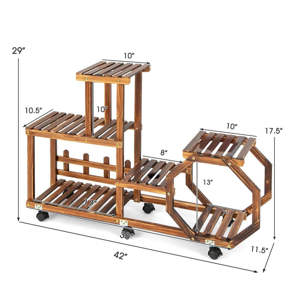 HONEY JOY 8 Potted Plant Stand Rack 100% Pine Wood Flower Pot Holder Shelf Multi-Layer Flower Stand with Wheels (6-Tier) TOPB006549