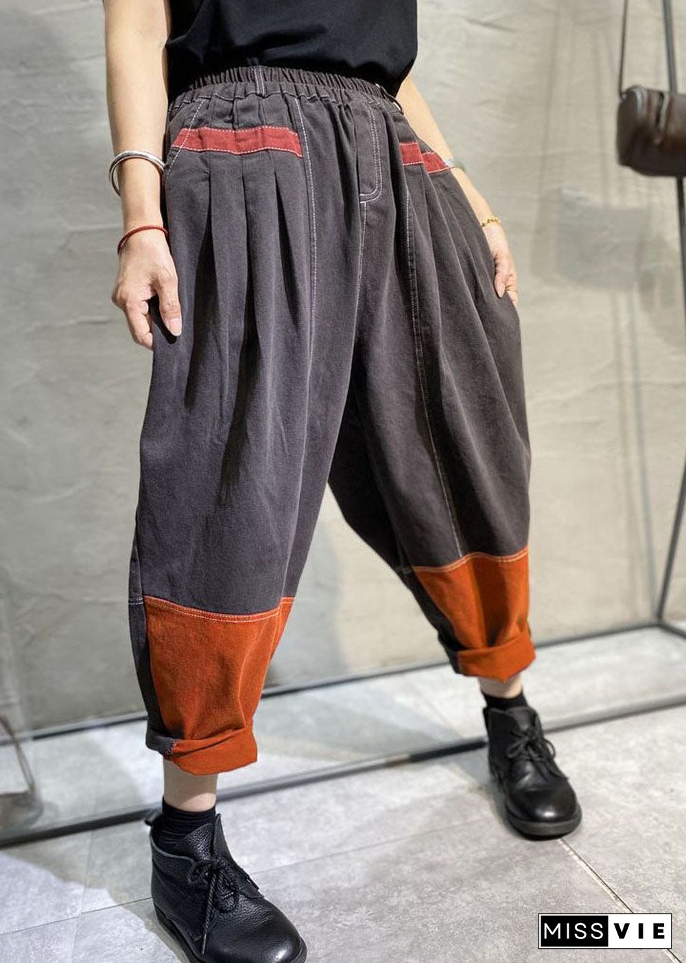 Bohemian Grey Patchwork Cotton Pants Spring