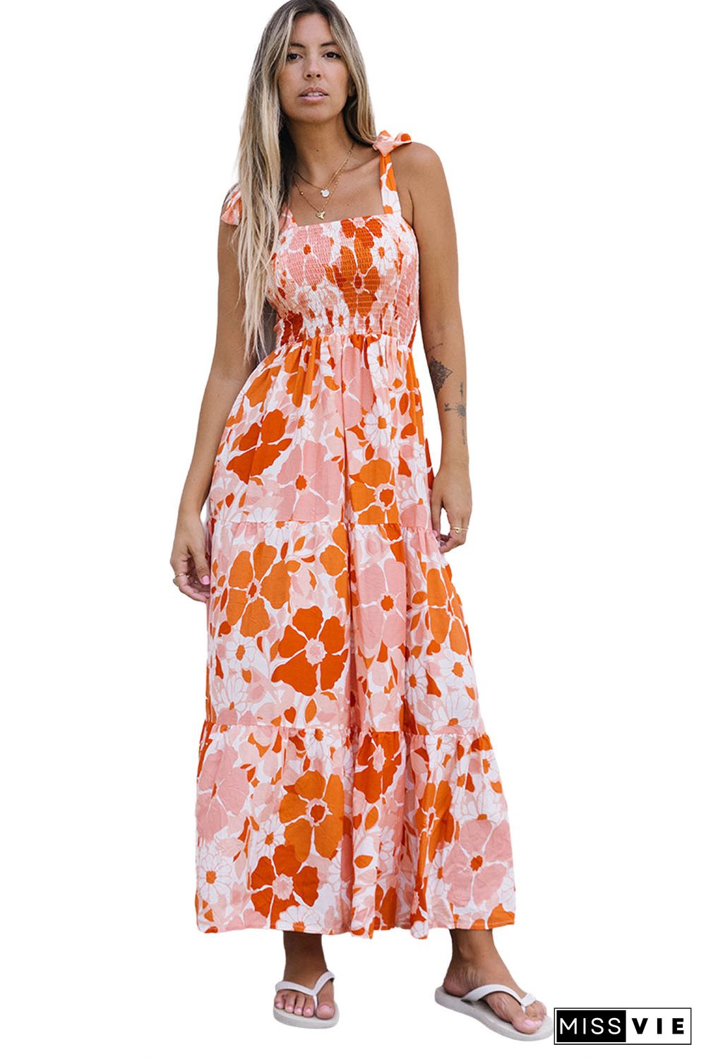 Orange Shirred Lace-up Strap Sleeveless Floral Maxi Dress