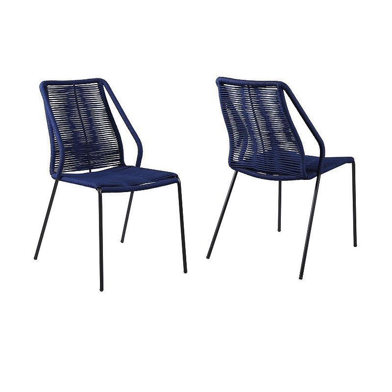 Indoor Outdoor Dining Chair with Fishbone Woven Seating， Set of 2， Blue