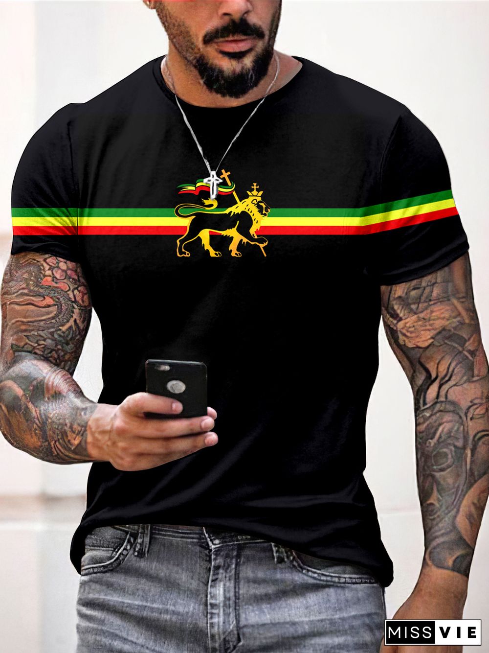 Men'S Stripe Reggae Lion Print T-Shirt