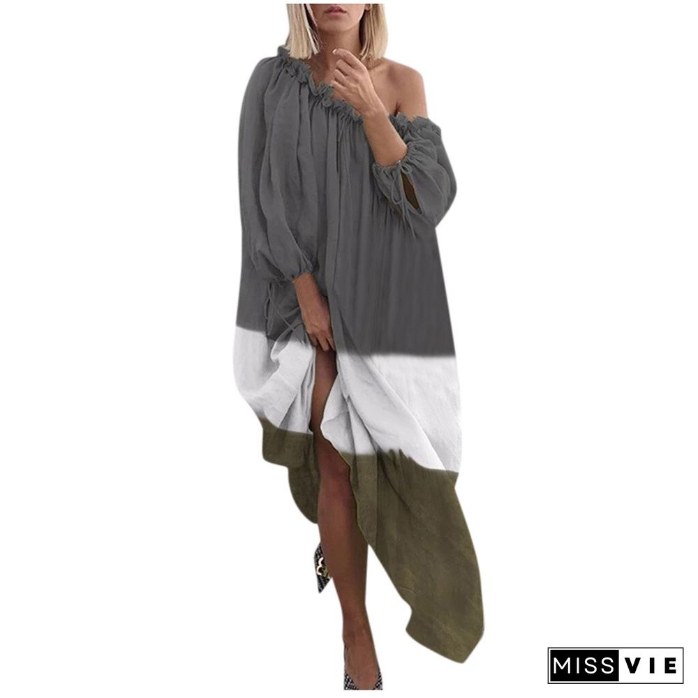 Summer Boho Dress Women Long Sleeve Color Matching Collar Dress Striped Casual Loose Besh Dress Vestidos