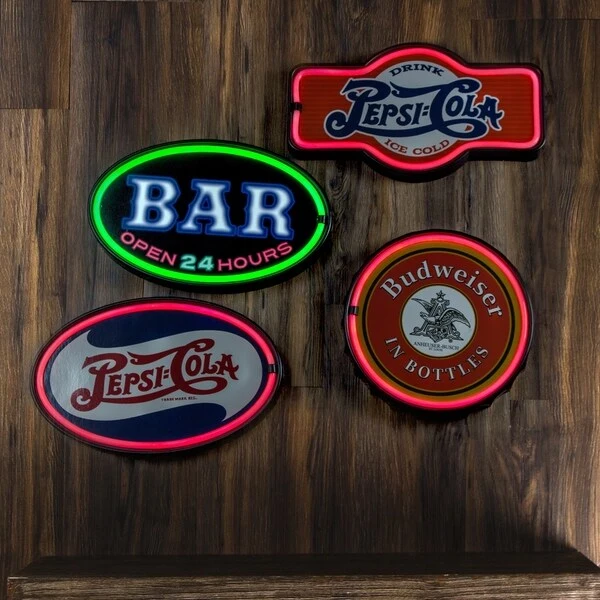 American Art Decor Bar Open 24 Hours Oval Shaped LED Light Up Sign Wall Decor for Man Cave Bar Garage