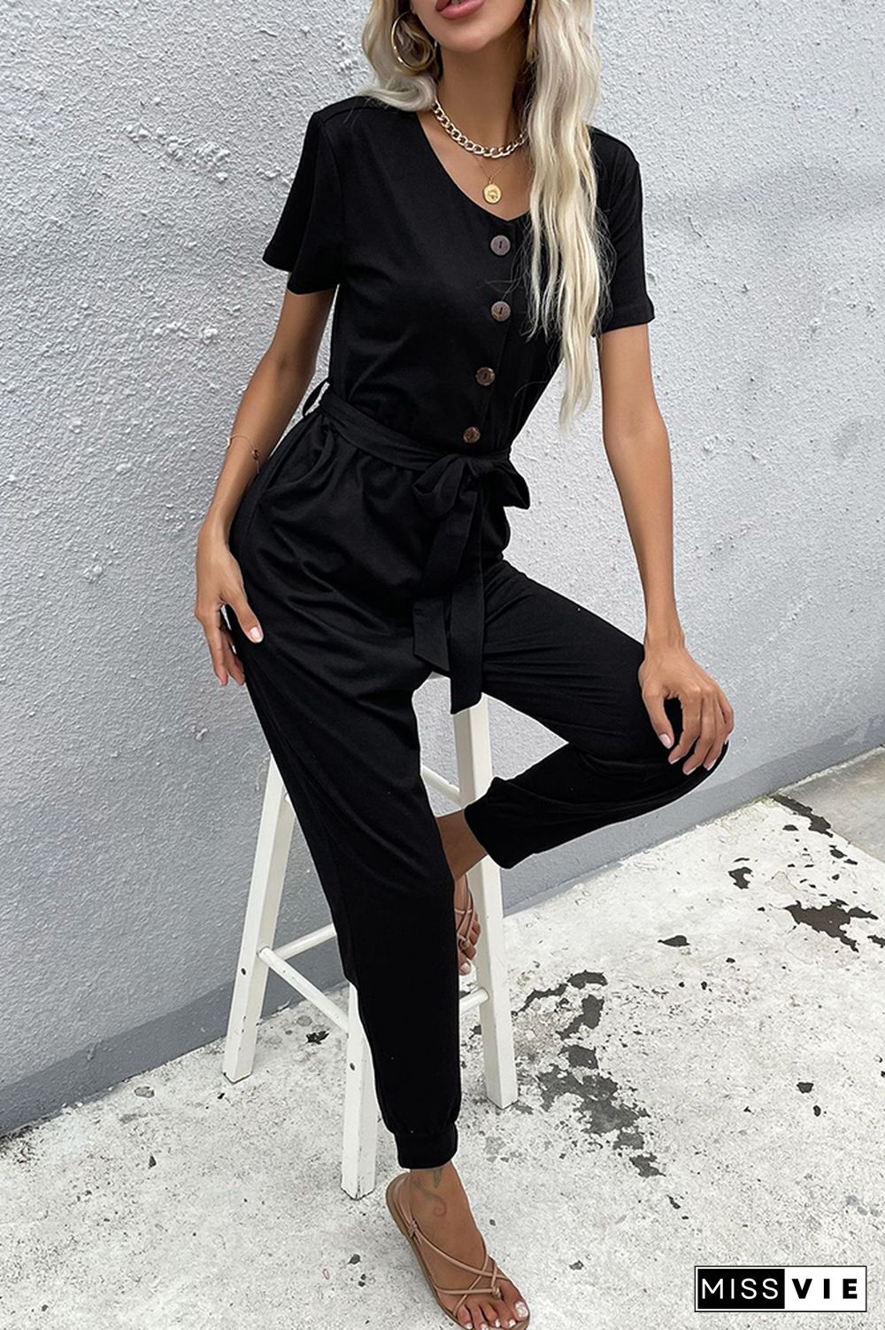 Black Short Sleeve Jumpsuit With Belt Wholesale