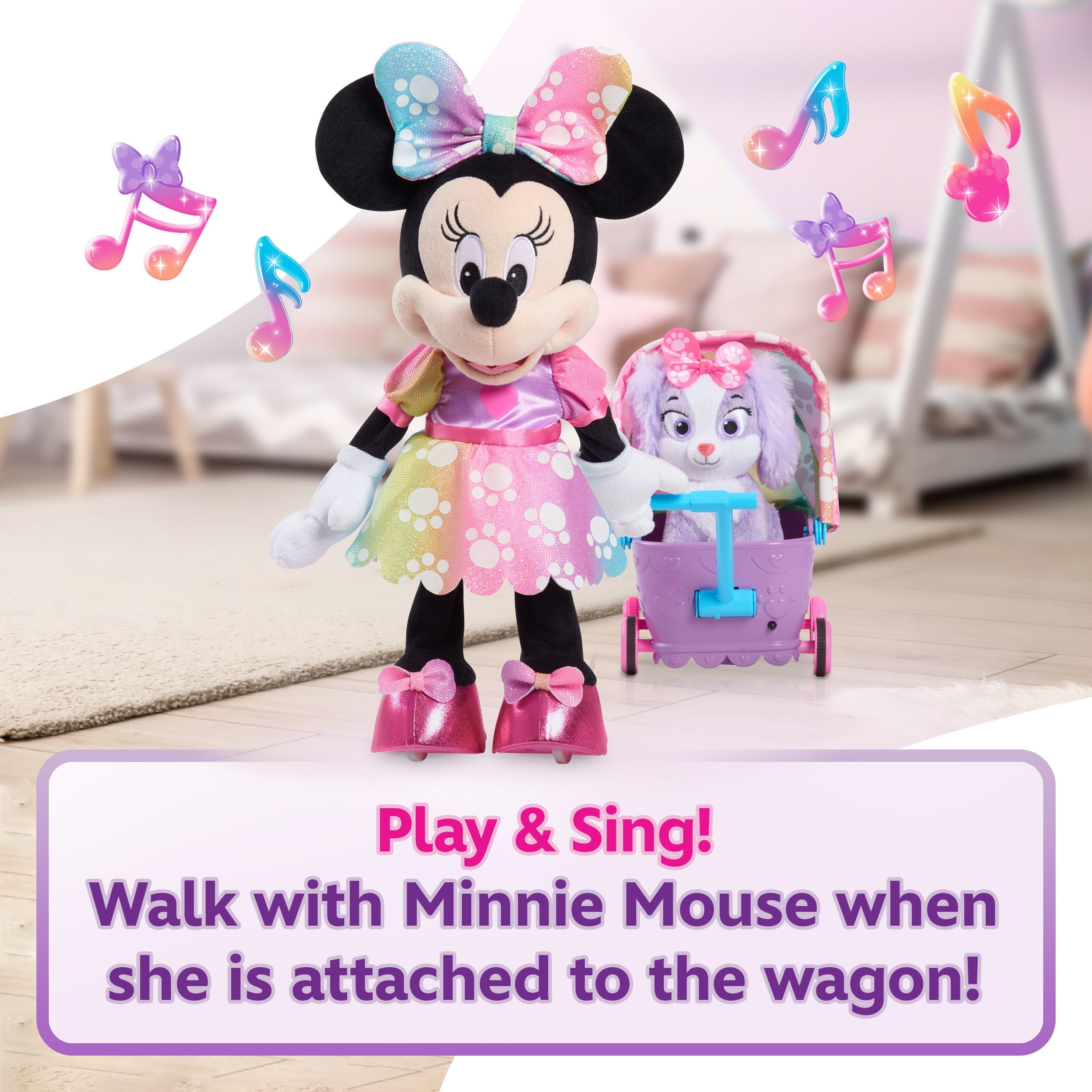 Disney Junior Minnie Mouse Waggin’ Wagon Lights and Sounds Feature Plush, Officially Licensed Kids Toys for Ages 3 Up, Gifts and Presents