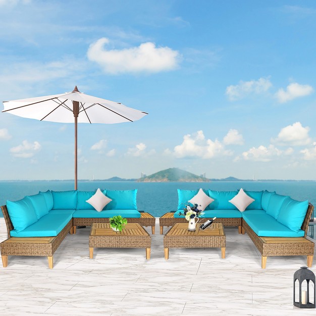 Costway 8pcs Patio Rattan Furniture Set Loveseat W wooden Side Table Cushioned Turquoise