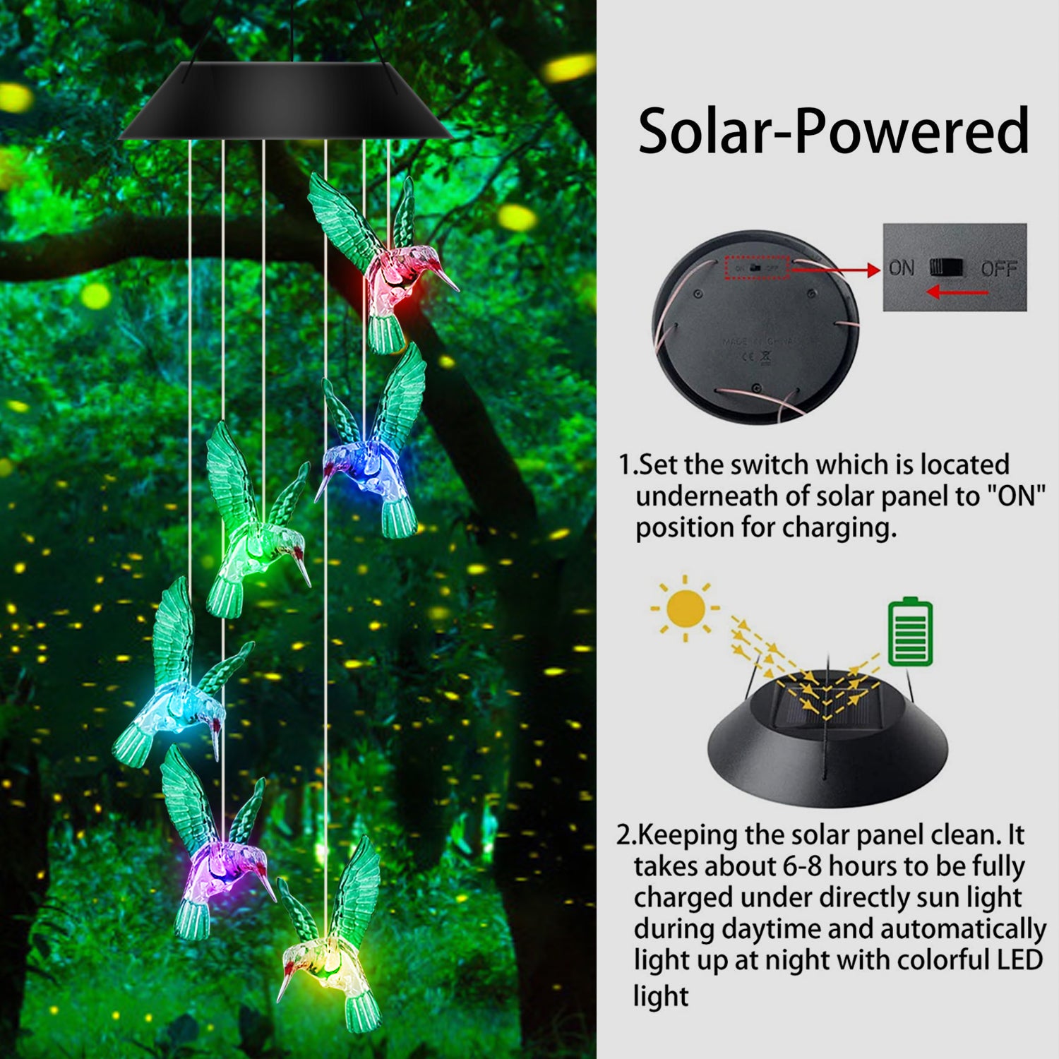 Chrlaon Solar Changing Wind Chime Light， Hanging Hummingbird Wind Chime for Outdoor Multicolor