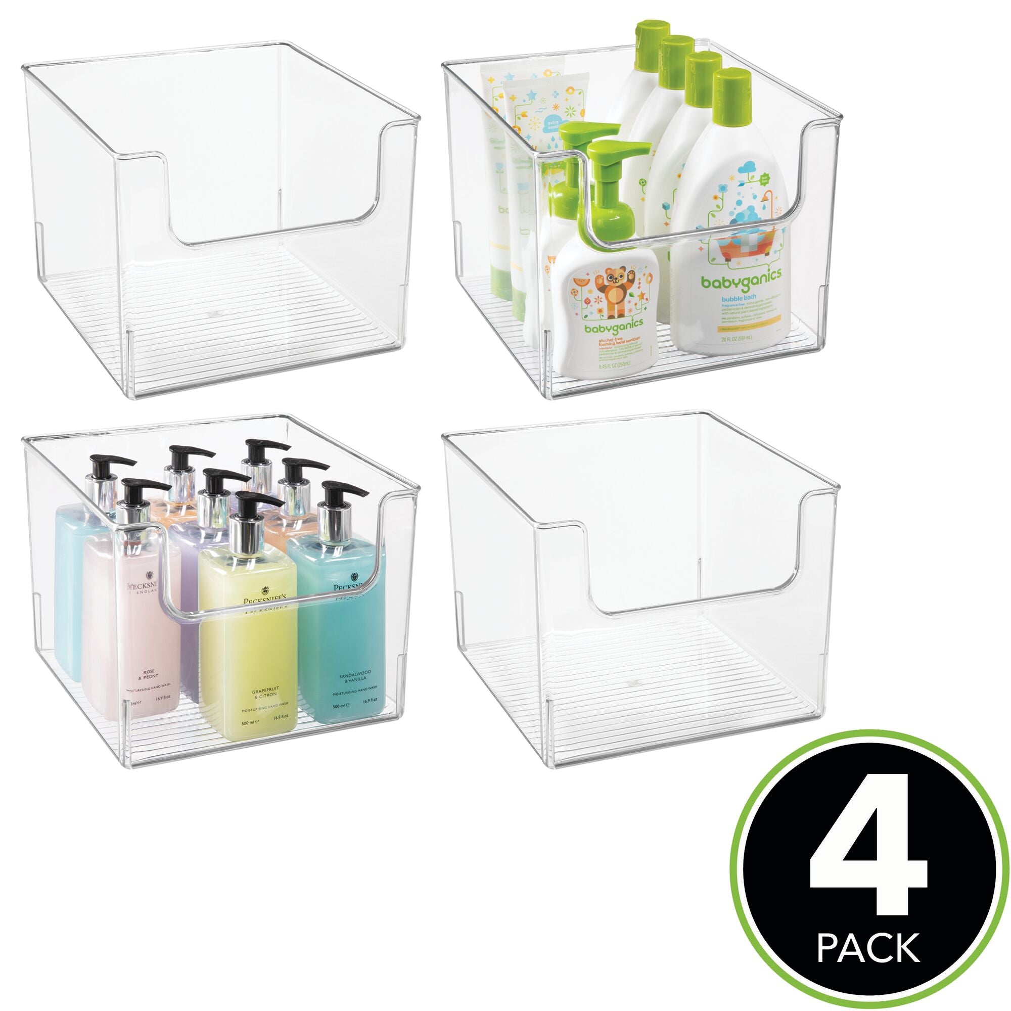 mDesign Plastic Open Front Bathroom Storage Organizer Basket Bin - for Cabinets， Shelves， Countertops， Bedroom， Kitchen， Laundry Room， Closet， Garage - 4 Pack - Clear