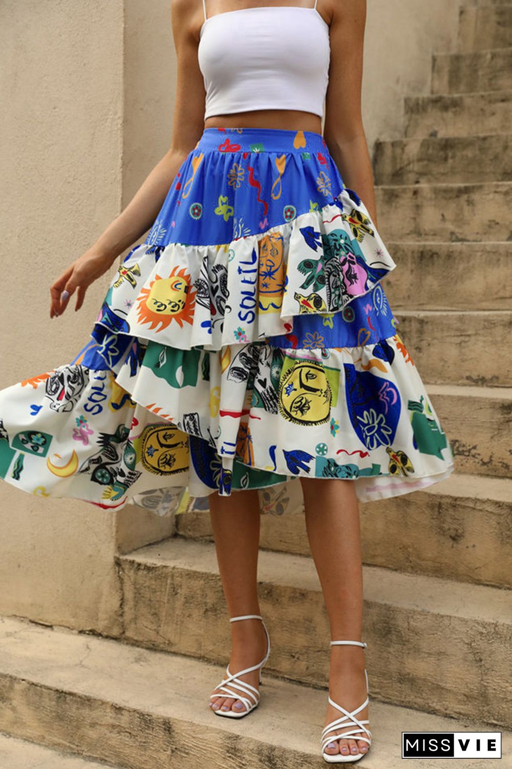 High Waist Printing Tiered Ruffle Skirt Dress