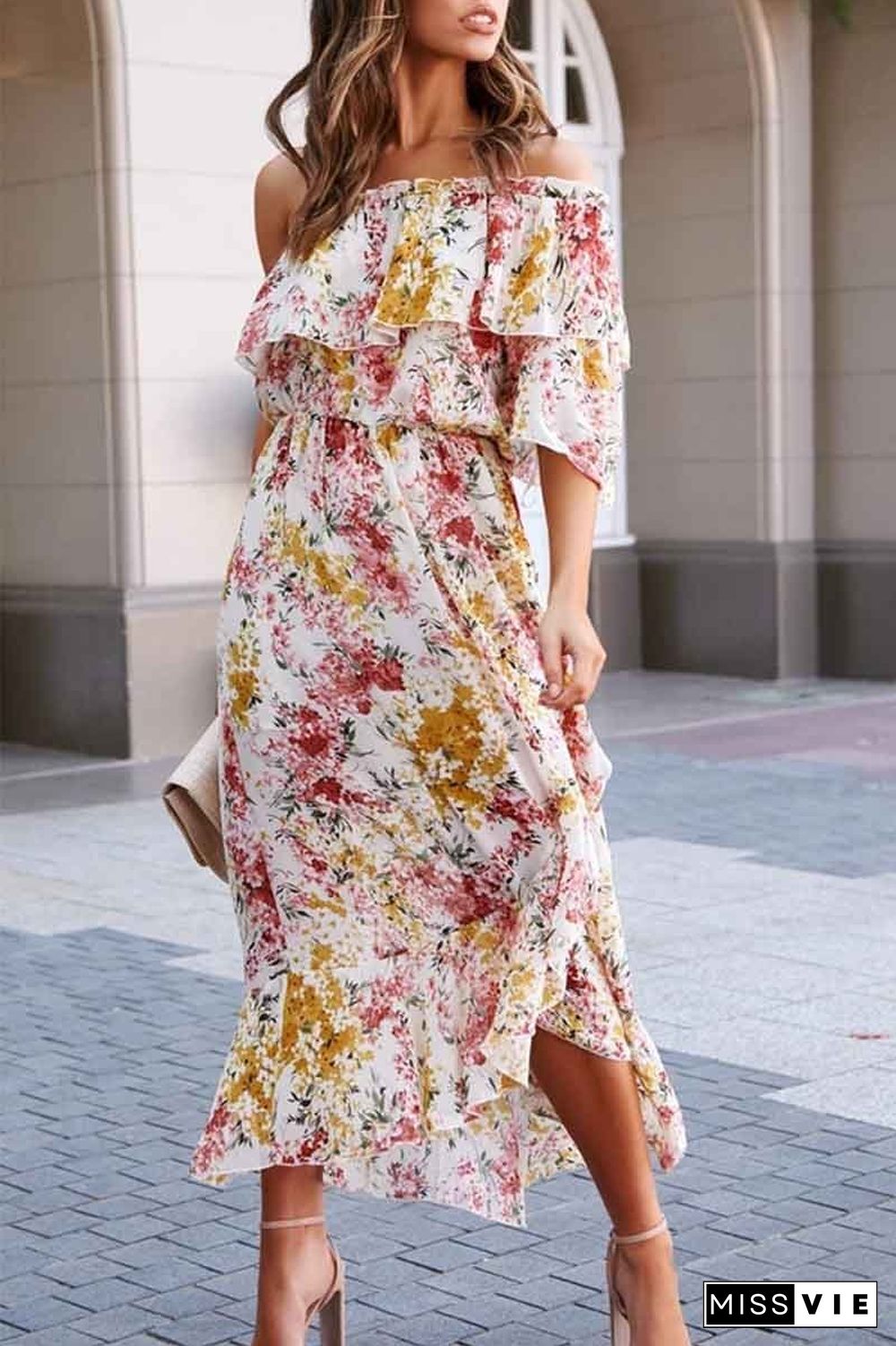 Off- shoulder Print Dress