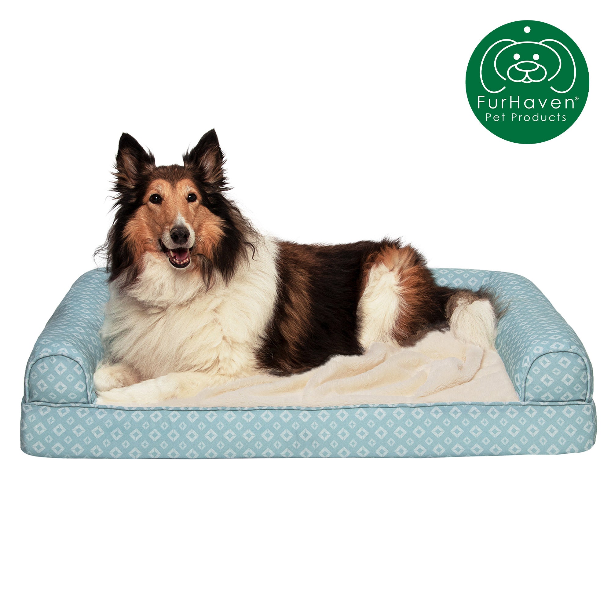 FurHaven Pet Products | Plush Fur and Diamond Print Nest-Top Full Support Sofa Bed - Aqua， Jumbo