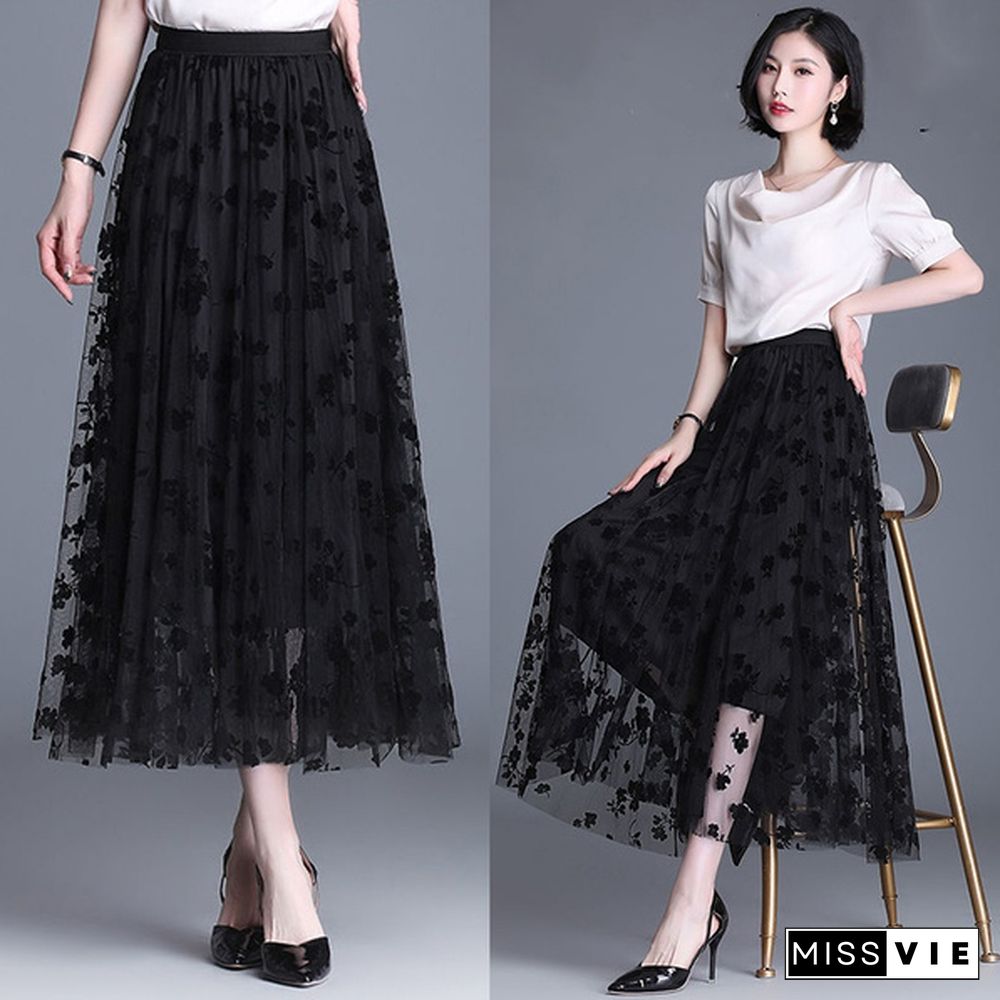 Wome Lace Long Skirt High Waist Tulle Skirts Ladies Summer Casual Loose Elegant Maxi Skirts