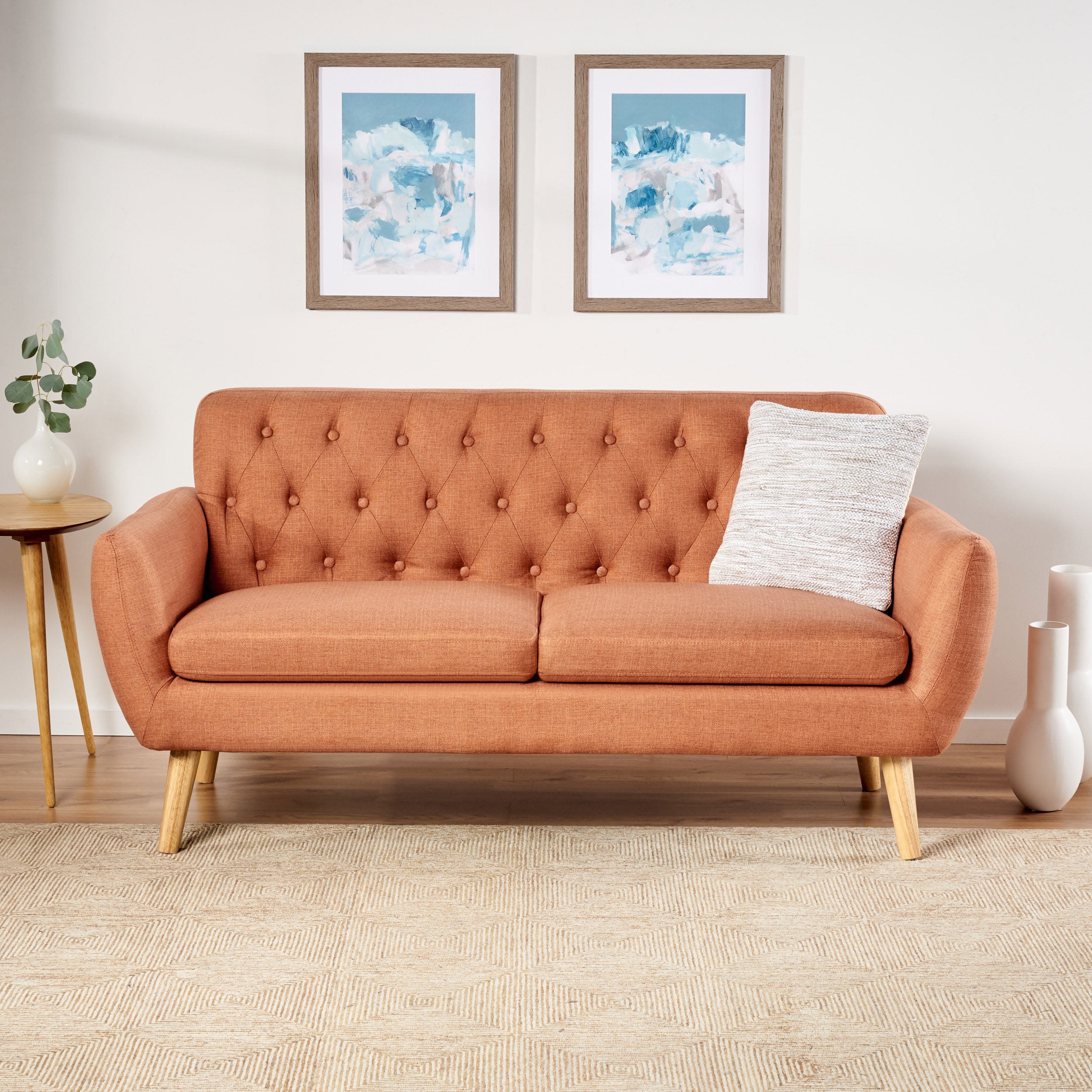 Noble House Petite Fabric Tufted Sofa, Burnt Orange