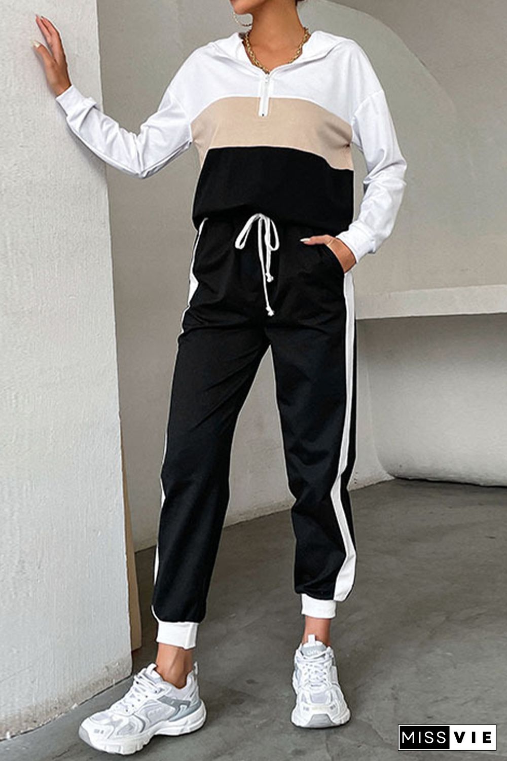 Zipper Hoodie Patchwork Drawstring Top & Pants Sports 2 Pcs Set Wholesale