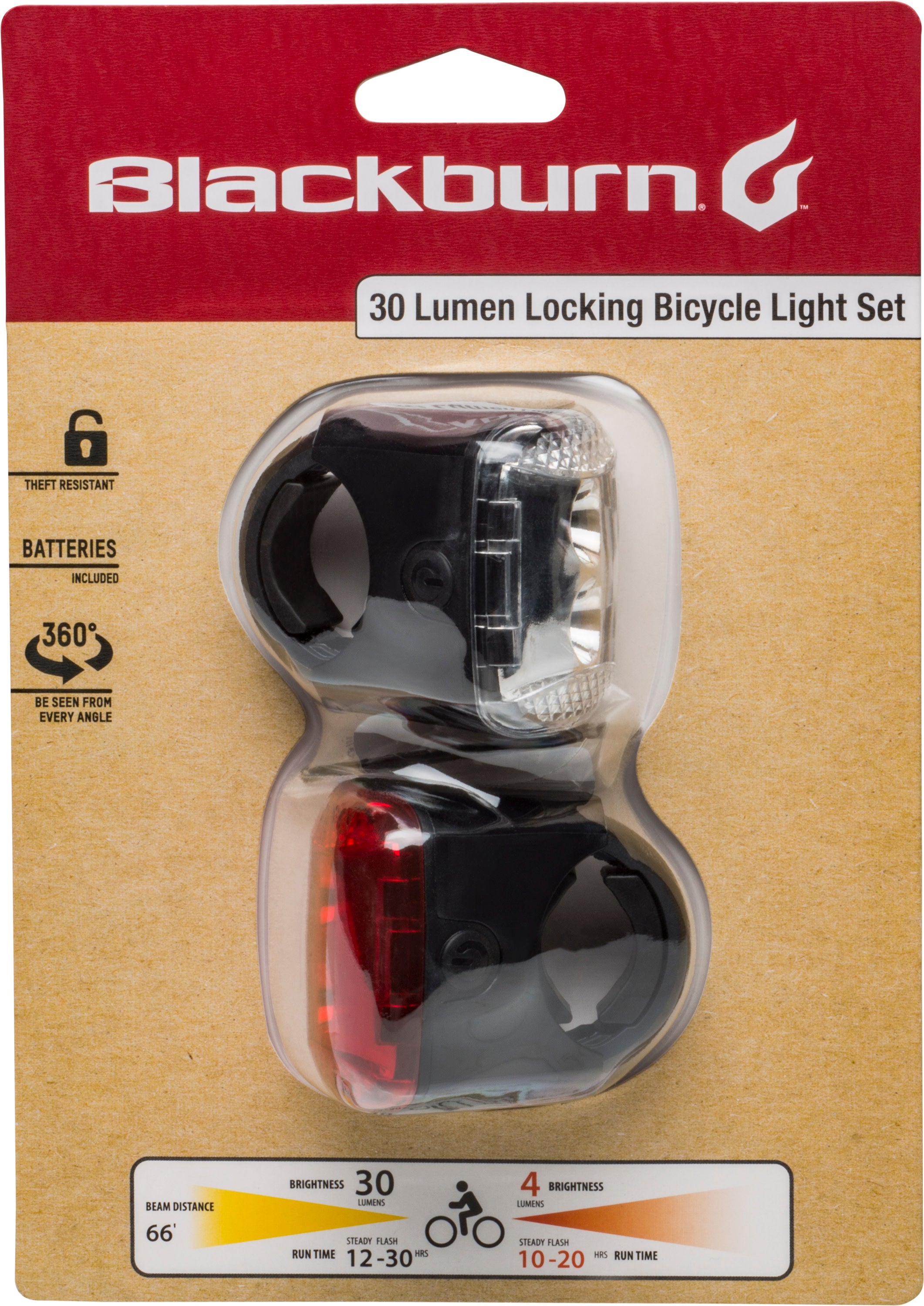 Blackburn 30 Lumen Locking Front and Rear Bicycle Light Set， Black