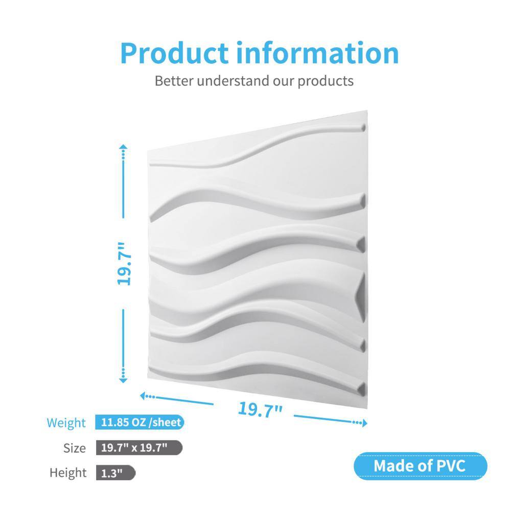 Art3dwallpanels 19.7 in. x 19.7 in. White PVC 3D Wall Panel for Interior Wall Decor Wavy Textured Tile (32 sq.ftbox) A10hd531