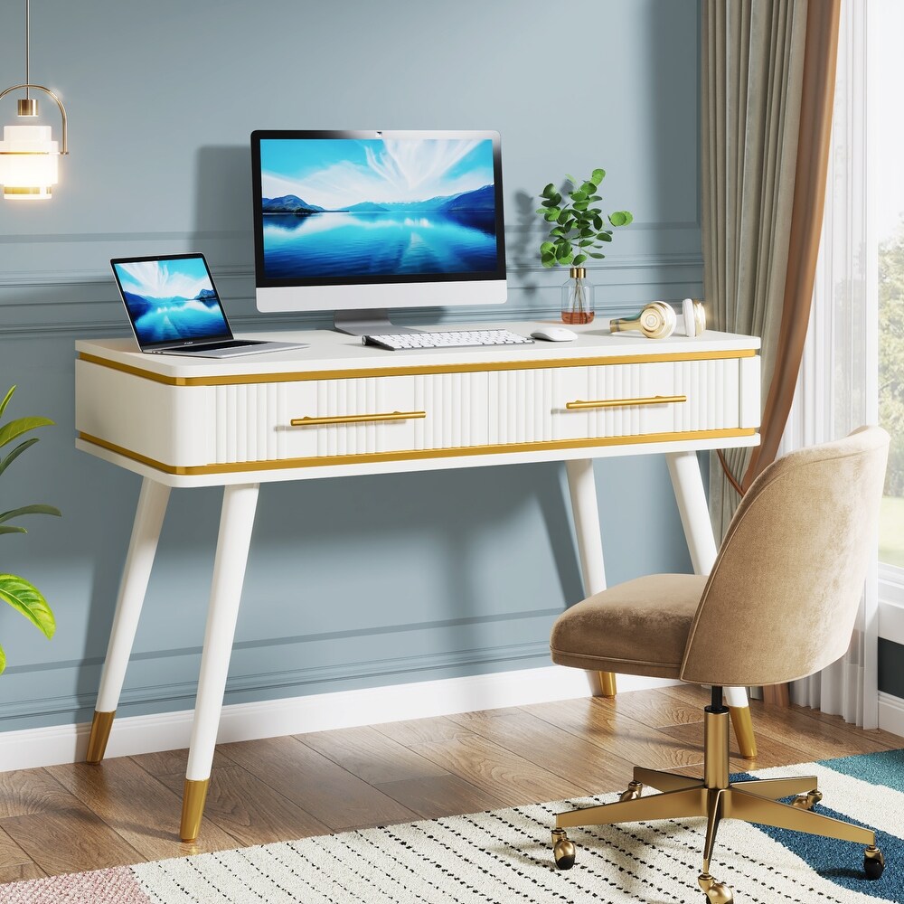 47 Inches Computer Desk with 2 Drawers  White Study Writing Desk