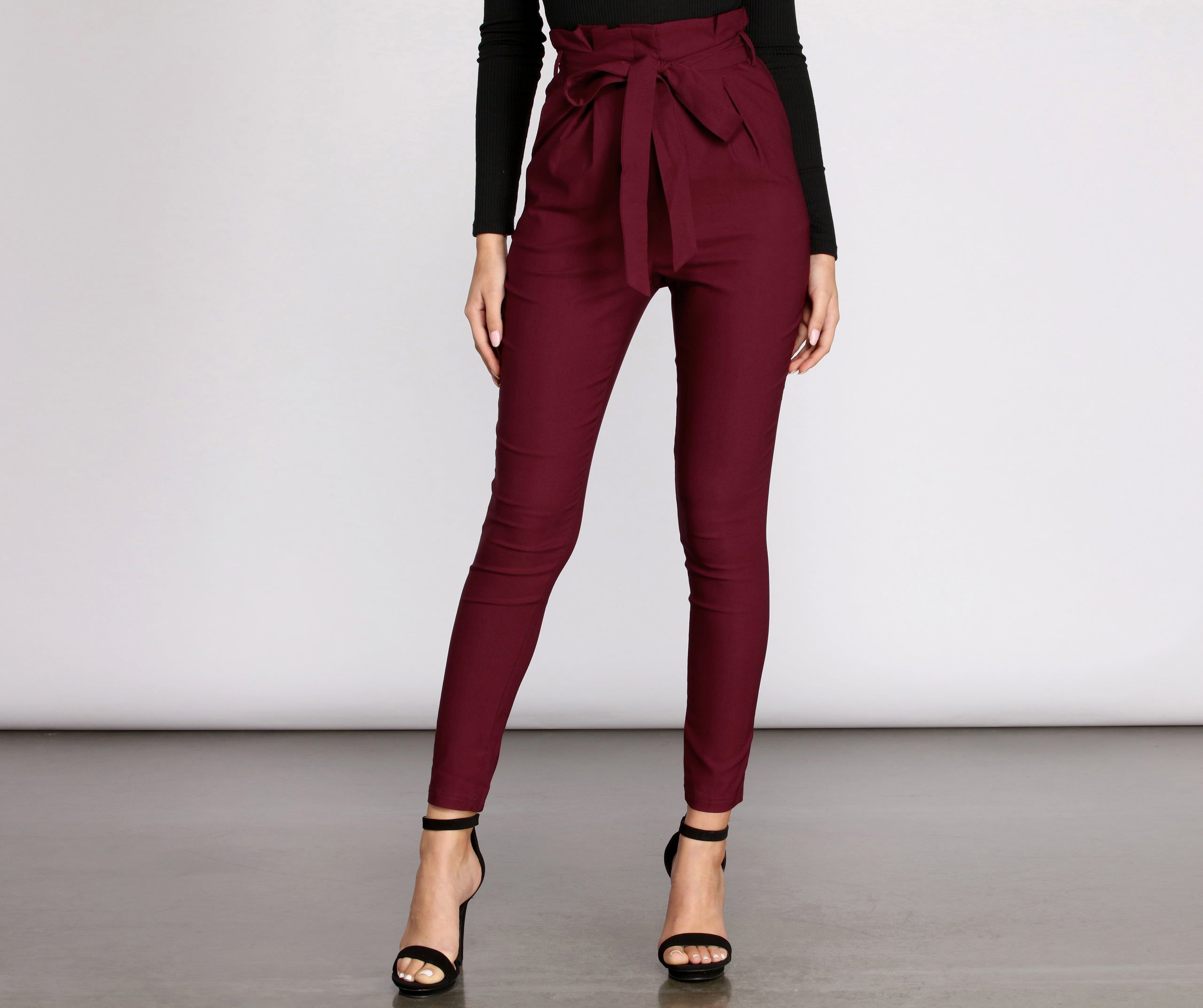 High Rise Tie Front Paper Bag Skinny Pants