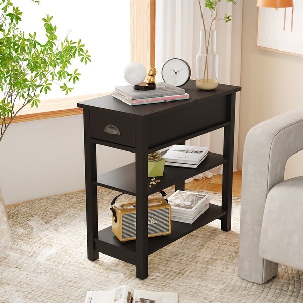 Narrow Sided End Table with Drawers and Flip Top