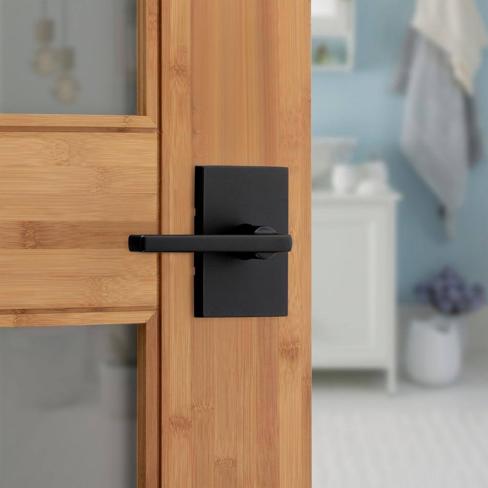 Kwikset Halifax Rectangle Rose Matte Black Privacy BedBath Door Lever with Microban 730HFLRCT5146AL